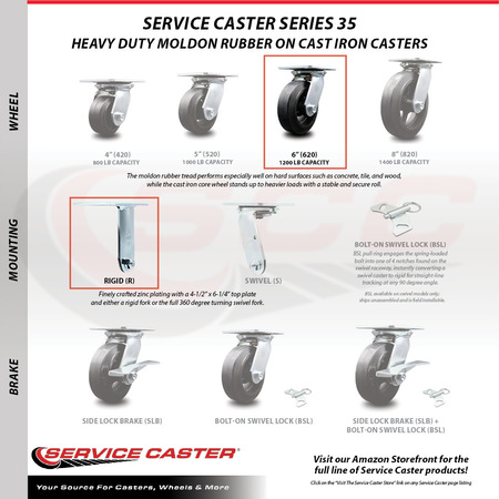 Service Caster 6 Inch Rubber on Steel Caster Set with Roller Bearing 2 Brakes and 2 Rigid SCC SCC-35S620-RSR-SLB-2-R-2